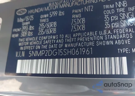 2025 Hyundai Santa Fe Hybrid Sel from USA, damaged, VIN 5NMP2DG15SH061961